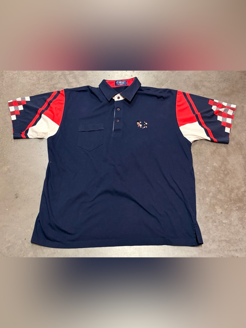 Vintage LA Mode Disney Mickey Mouse Bowling Navy Polo Shirt Red Sleeve Accents